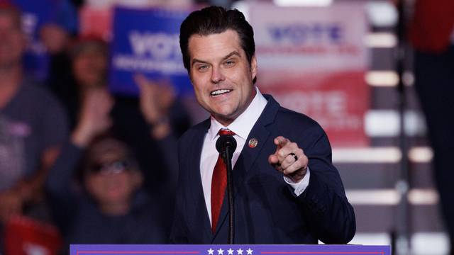 Republican U.S. Representative Matt Gaetz speaks at Trump campaign rally in Henderson