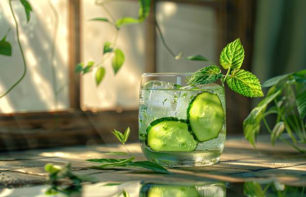 fresh cucumber water and an ice cube with mint leaves