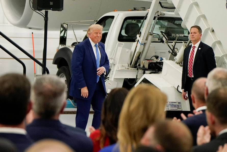 U.S. President Trump views the VC-25B aircraft gifted by Qatar and set to be used as Air Force One, at Joint Base Andrews