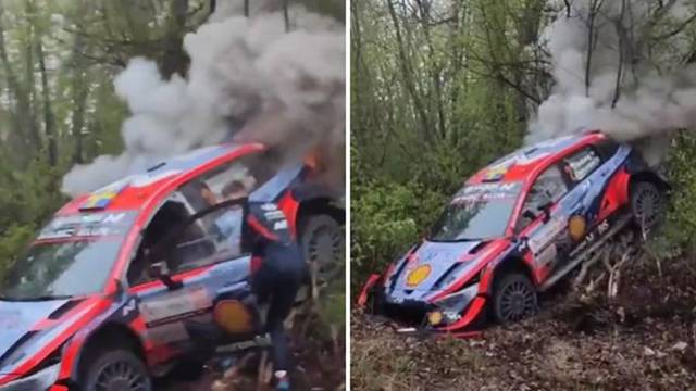 VIDEO Teška nesreća na WRC-u: Švedska posada zabila se u stablo, morali su gasiti požar!