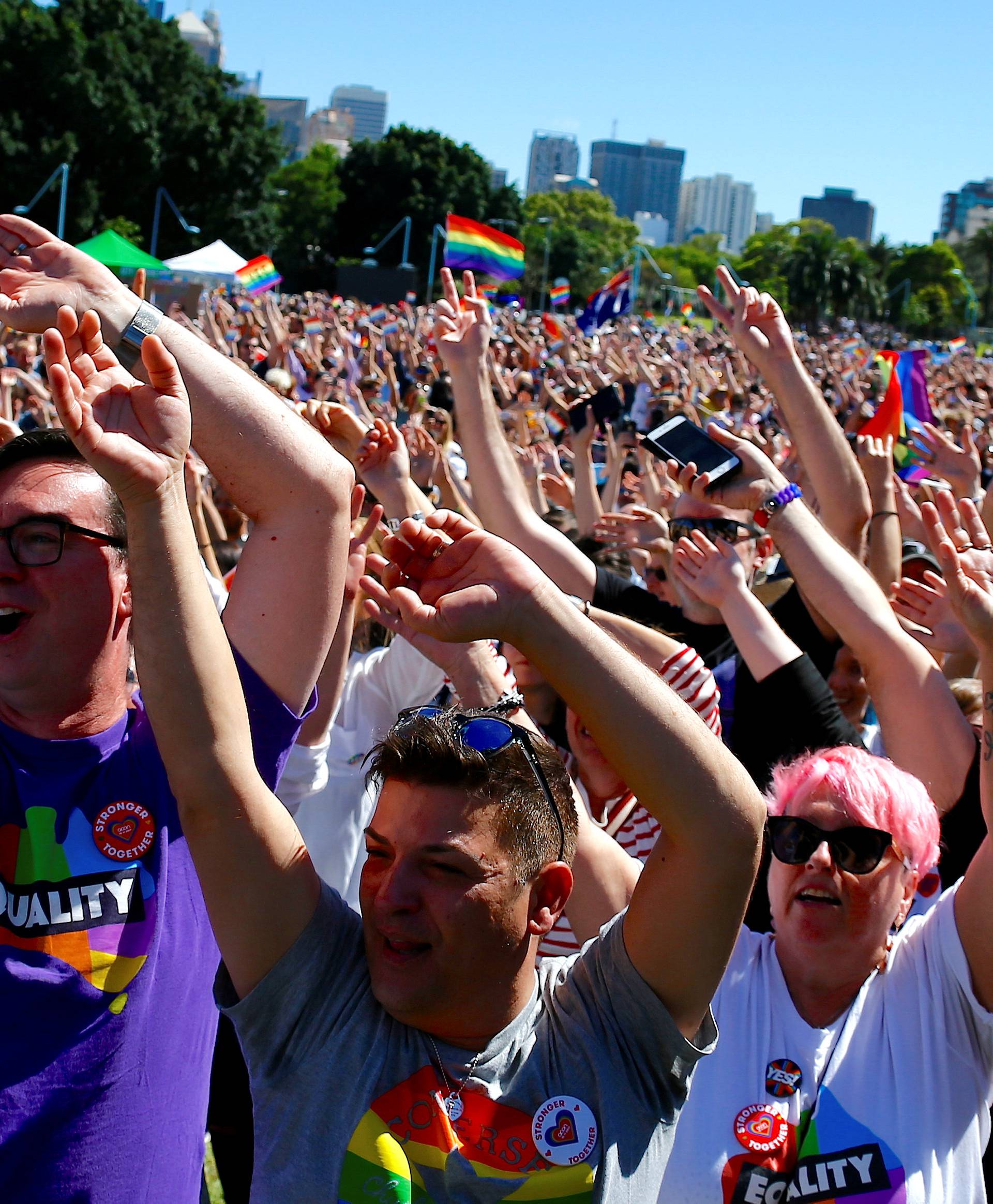 Supporters of the 'Yes' vote for marriage equality celebrate after it was announced the majority of Australians support same-sex marriage in a national survey, at a rally in Sydney