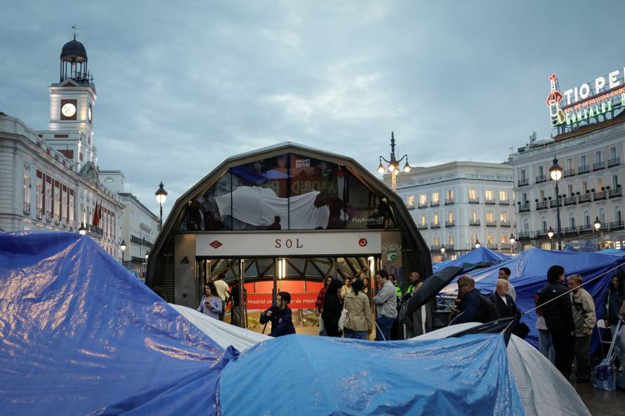 Demonstrators camp in Puerta del Sol square in Madrid
