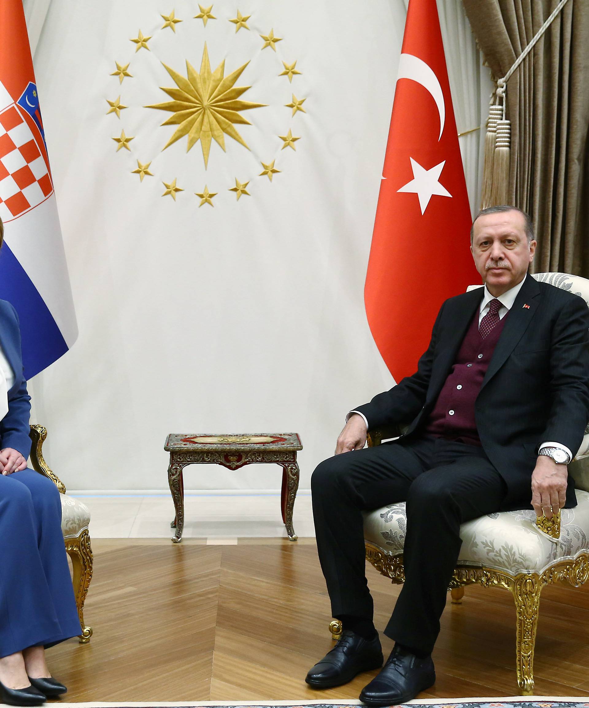 Turkish President Tayyip Erdogan meets with Croatian President Kolinda Grabar-Kitarovic at the Presidential Palace in Ankara