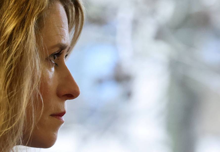 Estonian Prime Minister Kaja Kallas speaks during an interview with Reuters in Brussels