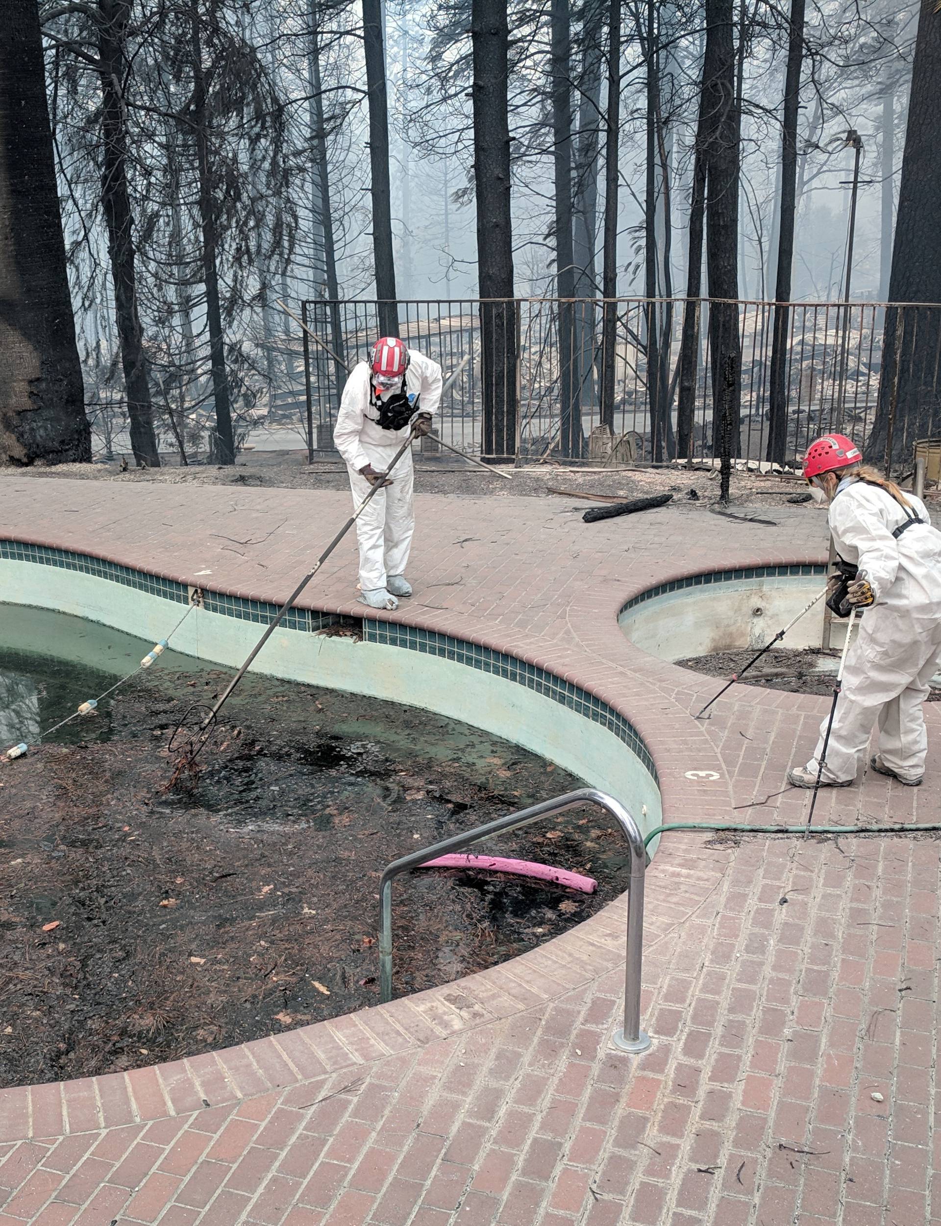 Forensic investigators search a community swimming pool for victims of the Camp Fire in Paradise