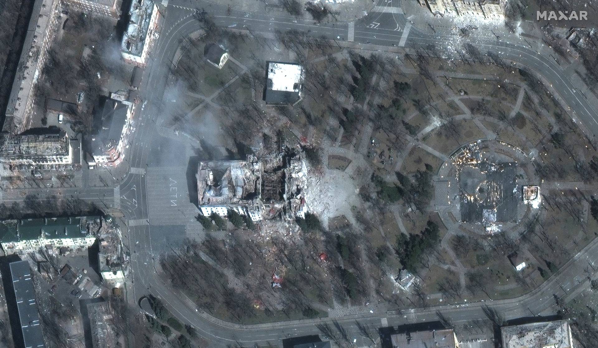 A satellite image shows a destroyed theater in Mariupol