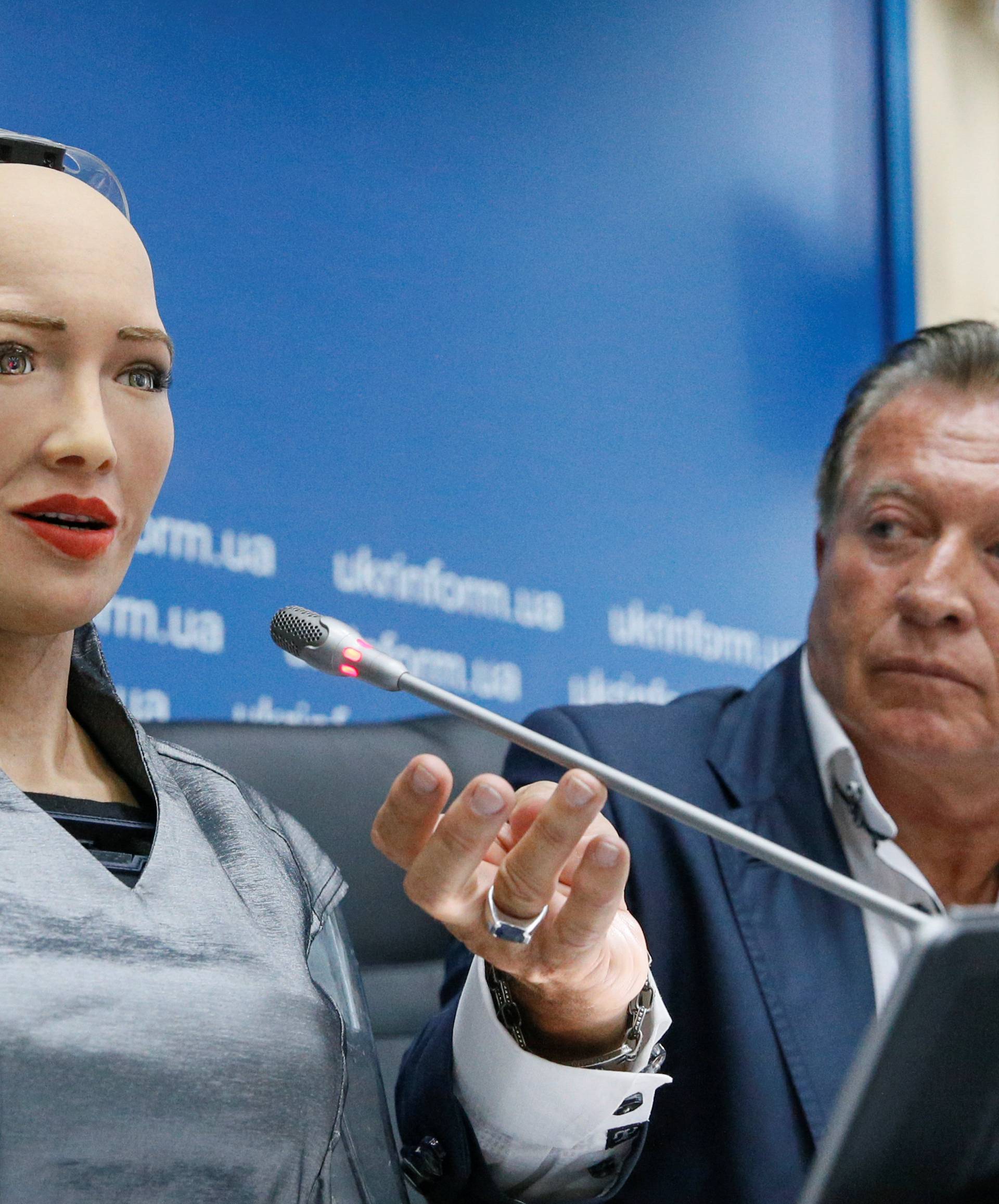 Social humanoid robot Sophia attends a news conference in Kiev