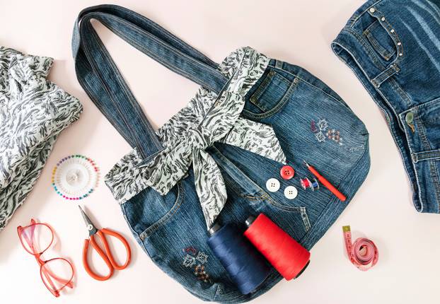 Old,Jeans,And,Denim,Bag,With,Sewing,Accessories,top,View,.