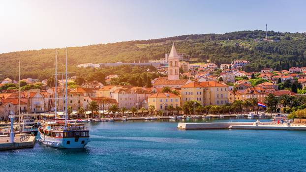 Supetar city in Brac island, Croatia. View from the sea. Picture