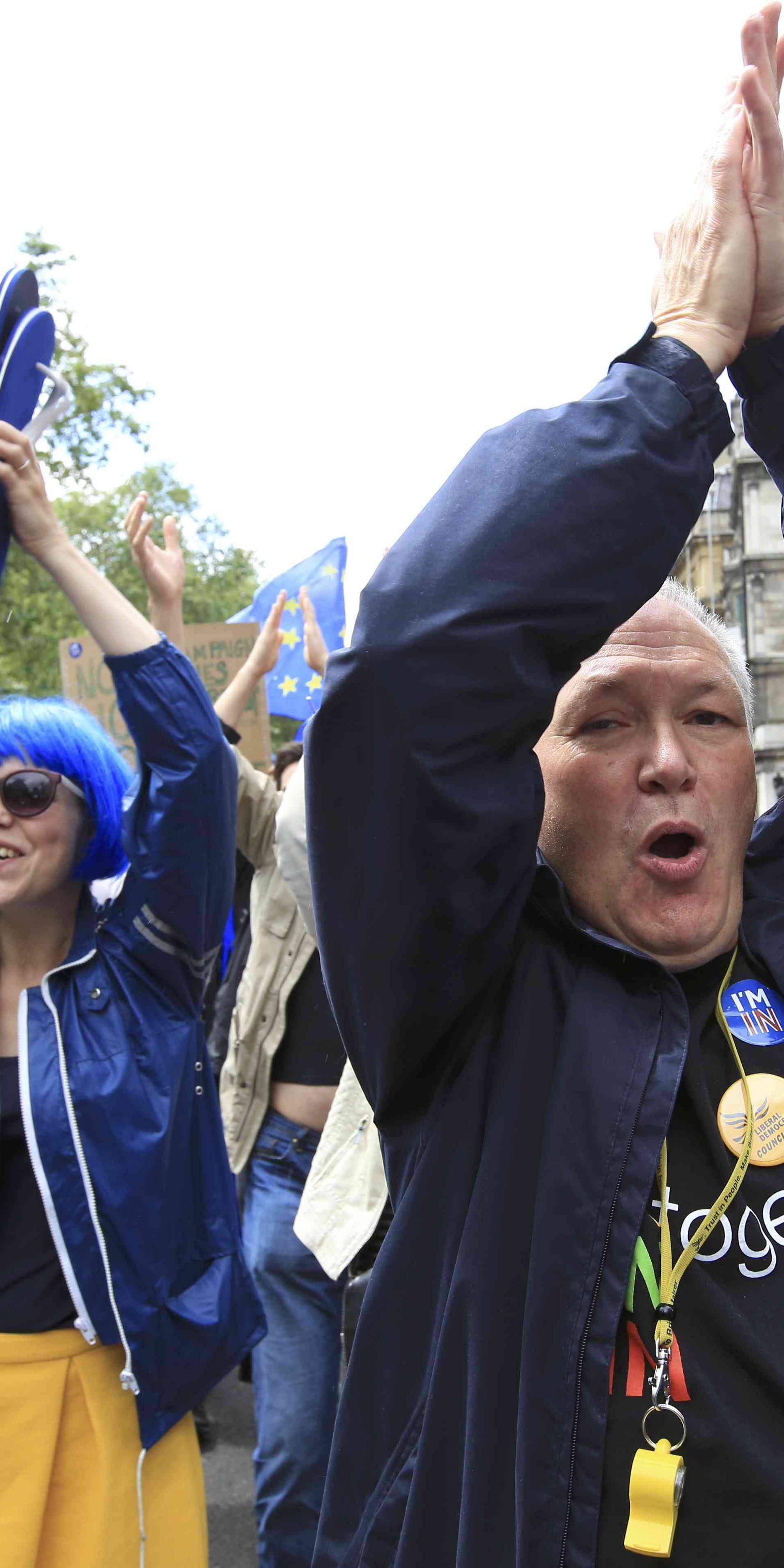 People shout during a 'March for Europe' demonstration against Britain's decision to leave the European Union, central London