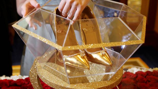 A $17 million USD pair of shoes is displayed at the Burj Al Arab Hotel in Dubai