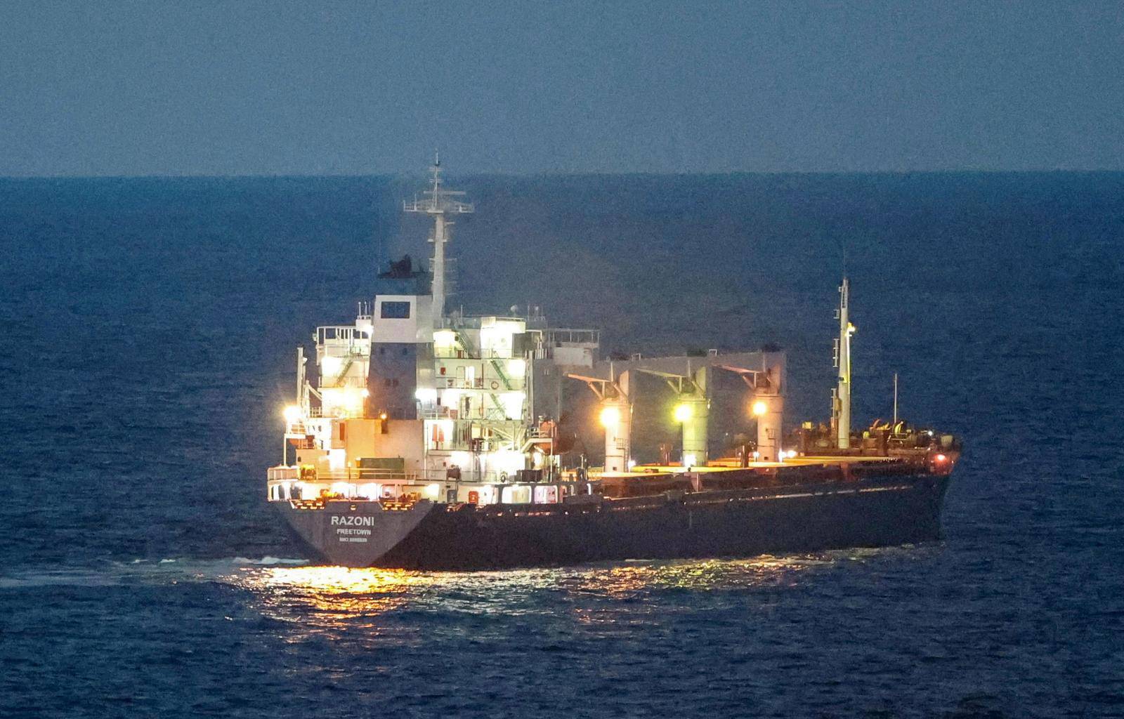 FILE PHOTO: The Sierra Leone-flagged cargo ship Razoni, carrying Ukrainian grain, is seen in the Black Sea off Kilyos, near Istanbul