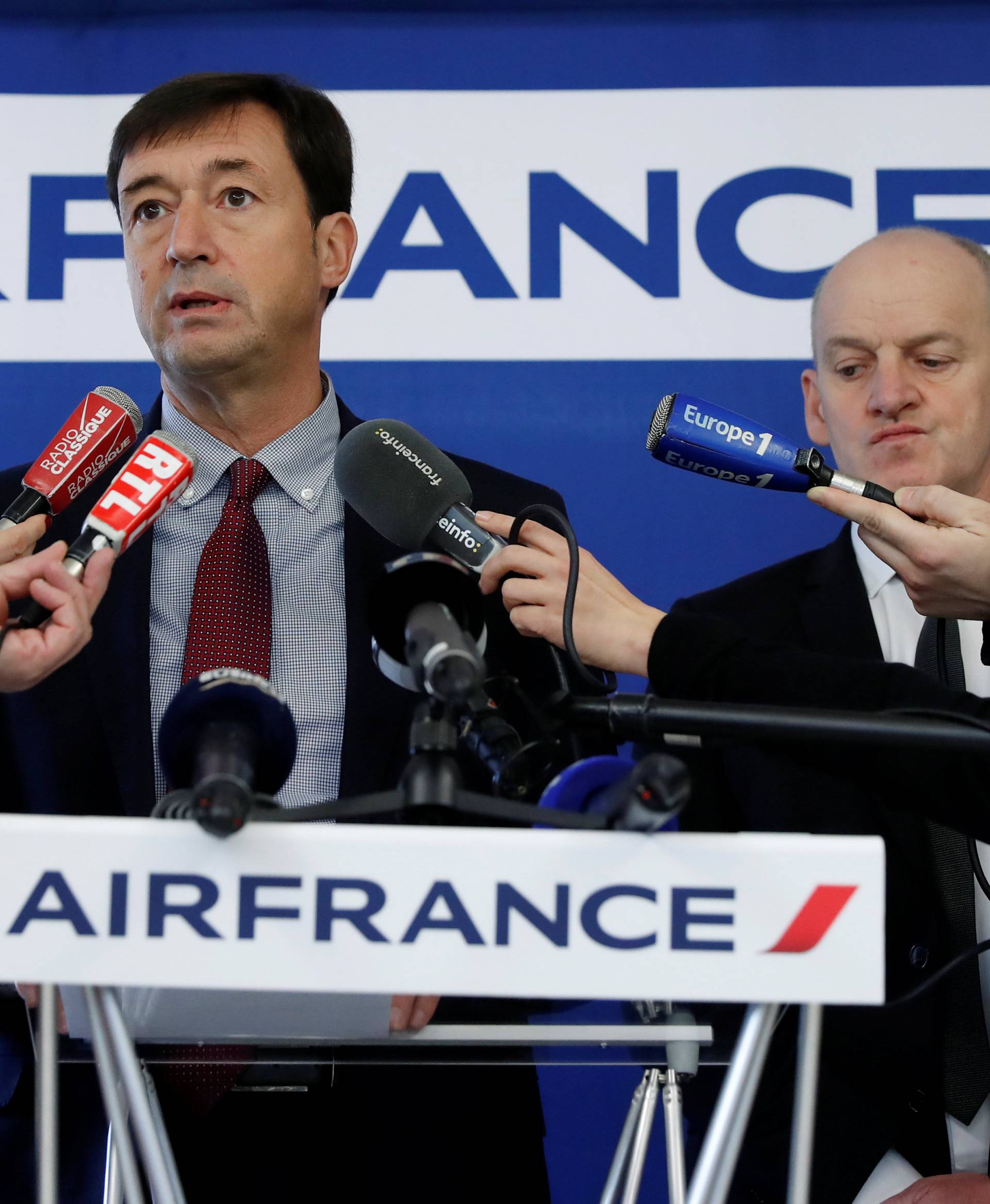 Franck Terner, CEO of Air France, and Chief Operating Officer Alain-Herve Bernard attend a news conference about flights travel delays and disruptions on the eve of a strike called by worker unions over pay, in Paris