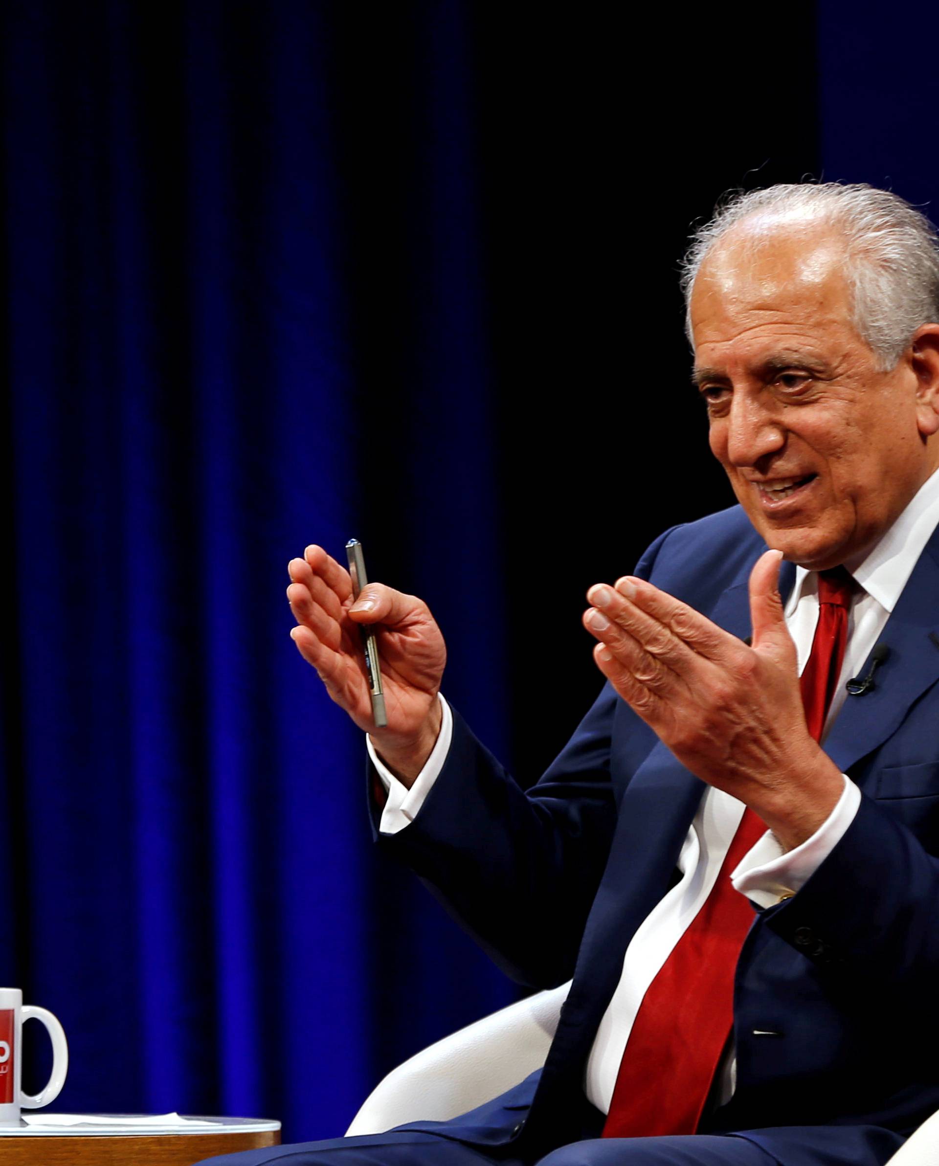 FILE PHOTO: U.S. envoy for peace in Afghanistan Zalmay Khalilzad speaks during a debate at Tolo TV channel in Kabul