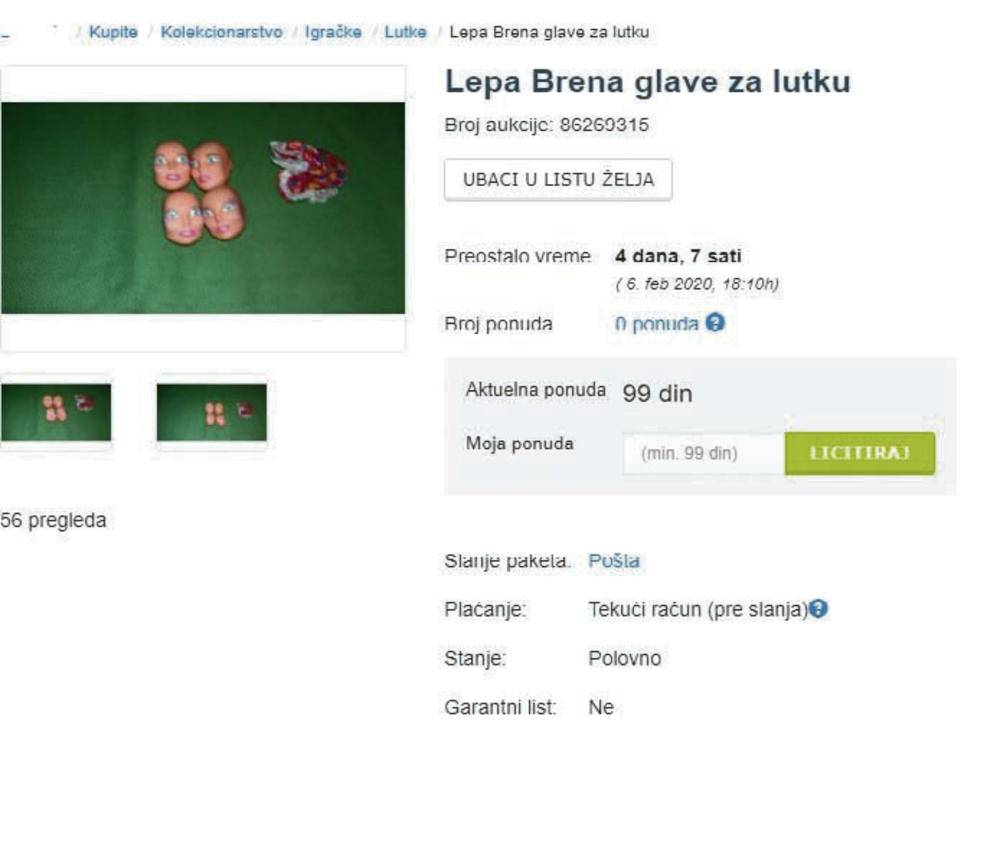 'Glava' Lepe Brene završila na aukciji: Prodaje se za šest kuna