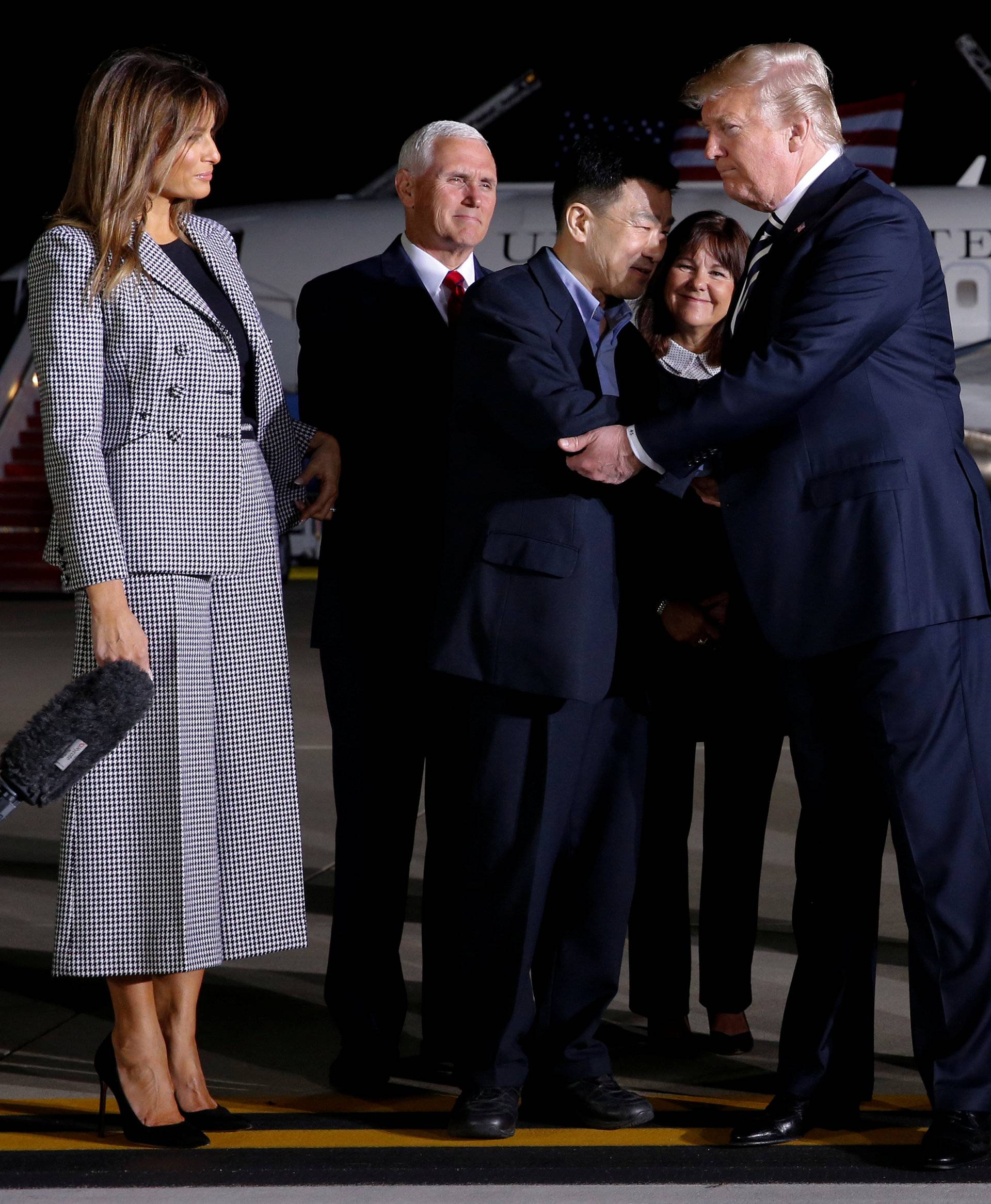 U.S.President Donald Trump greets the Americans released from detention in North Korea, Tony Kim, Kim Hak-song and Kim Dong-chul, upon their arrival at Joint Base Andrews
