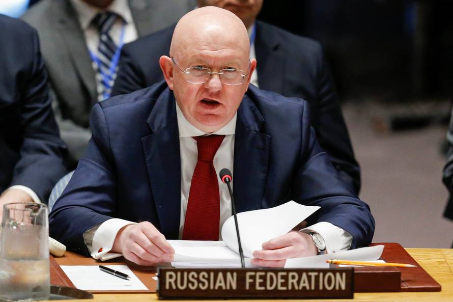 Russian Ambassador to the United Nations Nebenzya speaks during the emergency United Nations Security Council meeting on Syria at the U.N. headquarters in New York