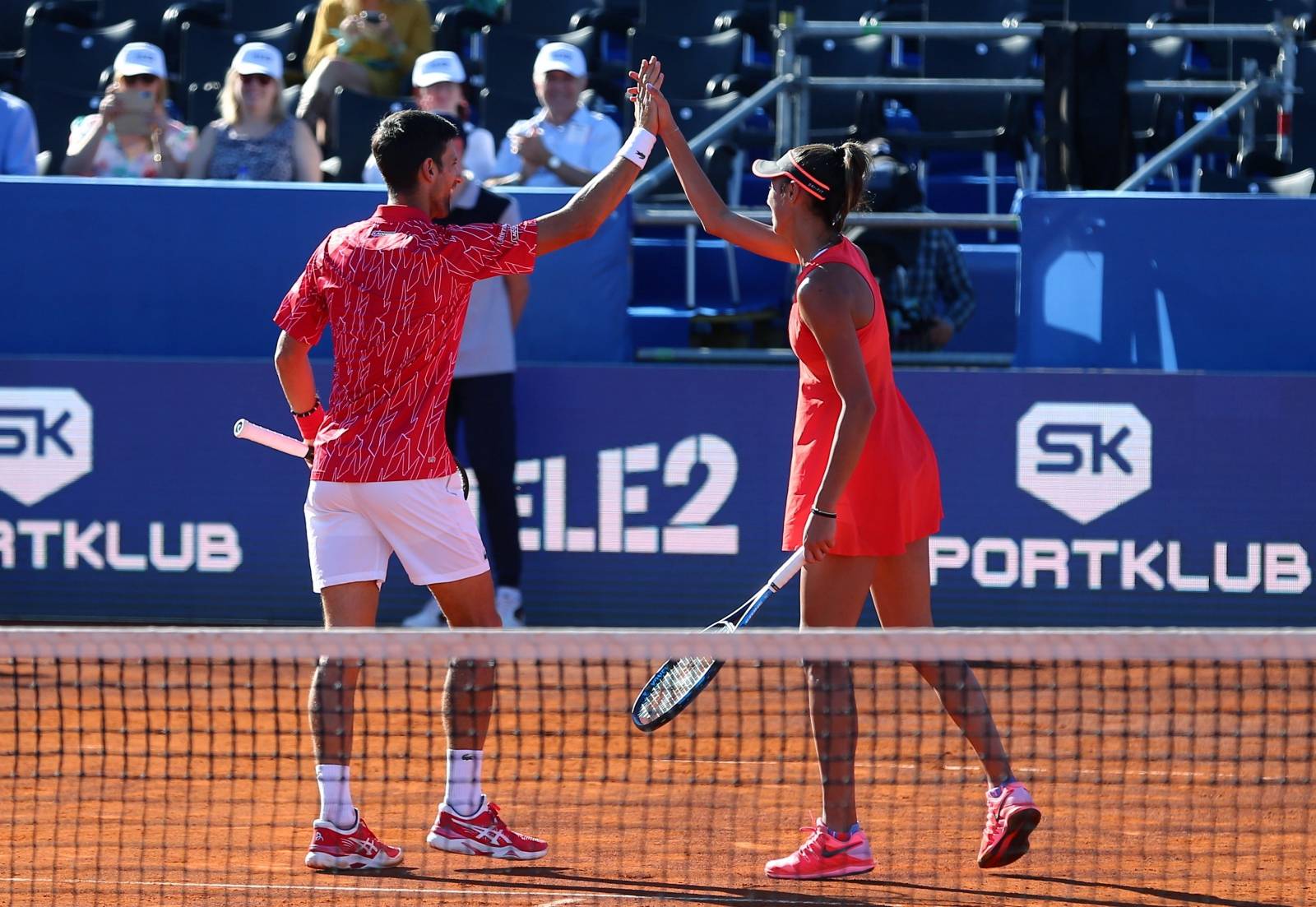 Tennis - Adria Tour - Zadar, Croatia - June 19, 2020 Serbia's Novak Djokovic greets with Olga Danilovic against Croatia's Ana Konjuh and Borna Coric