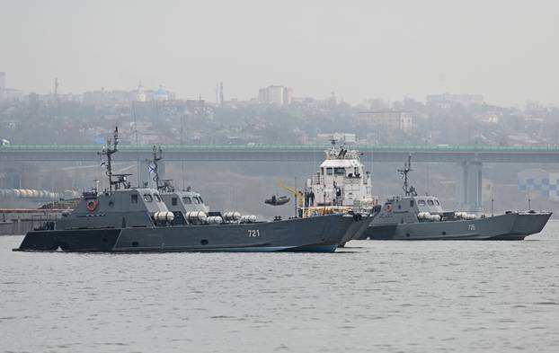 Landing crafts of the Russian Navy's Caspian Flotilla are pictured in Rostov-on-Don