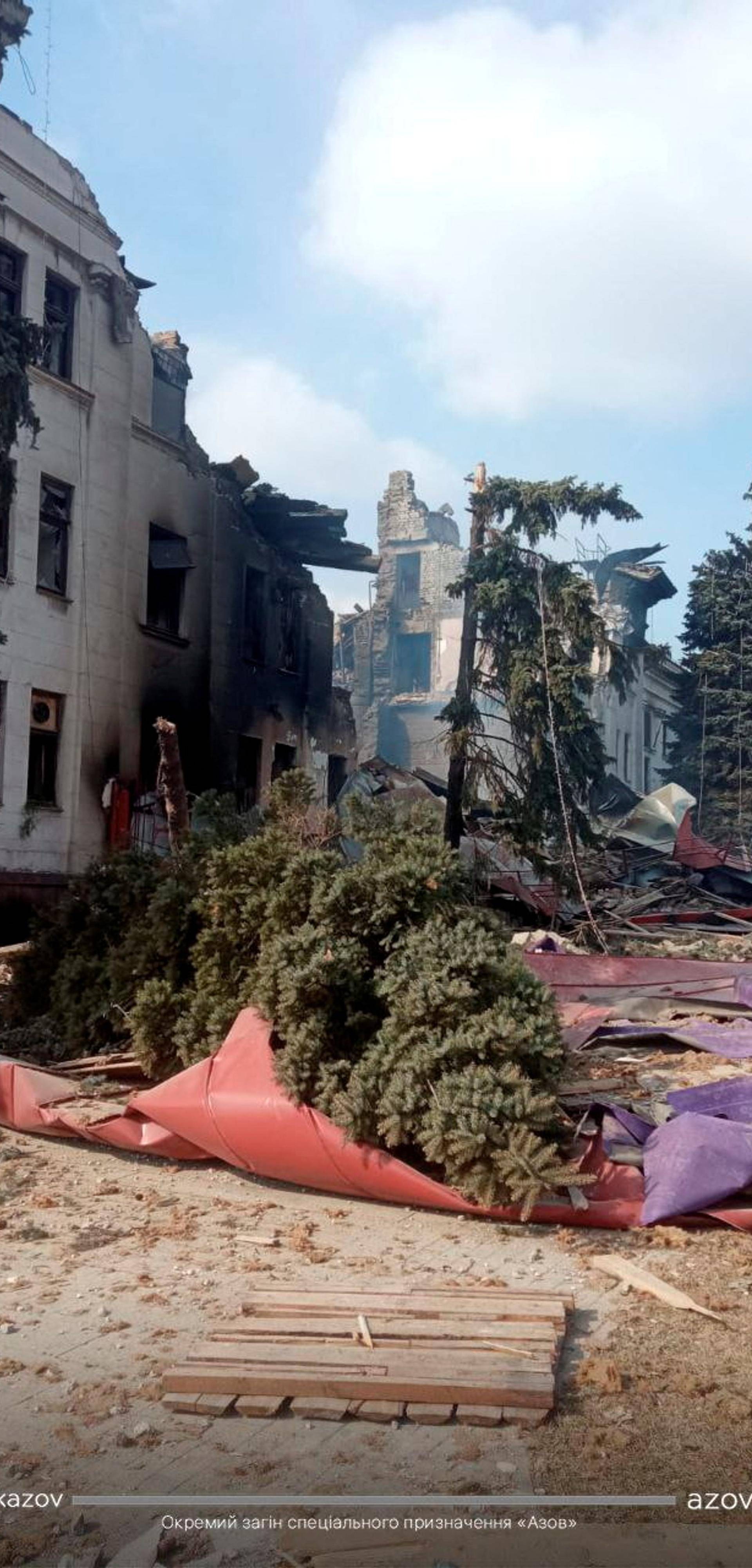 General view of the remains of the drama theatre which was hit by a bomb in Mariupol