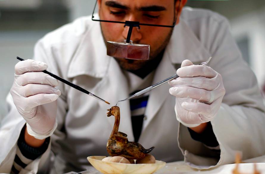 An Egyptian archaeological technician uses diagnostic instruments to renovate ancient toy 'A swan laying on eggs' which belonged to The Golden King Tutankhamun, in the conservation centre of the Grand Egyptian Museum, on the outskirts of Cairo