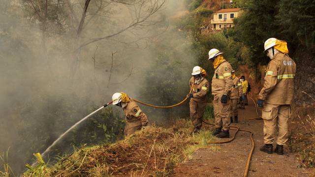 Firefighters try to extinguish a forest fire near houses at Sao Joao Latrao, Funchal, Madeira island