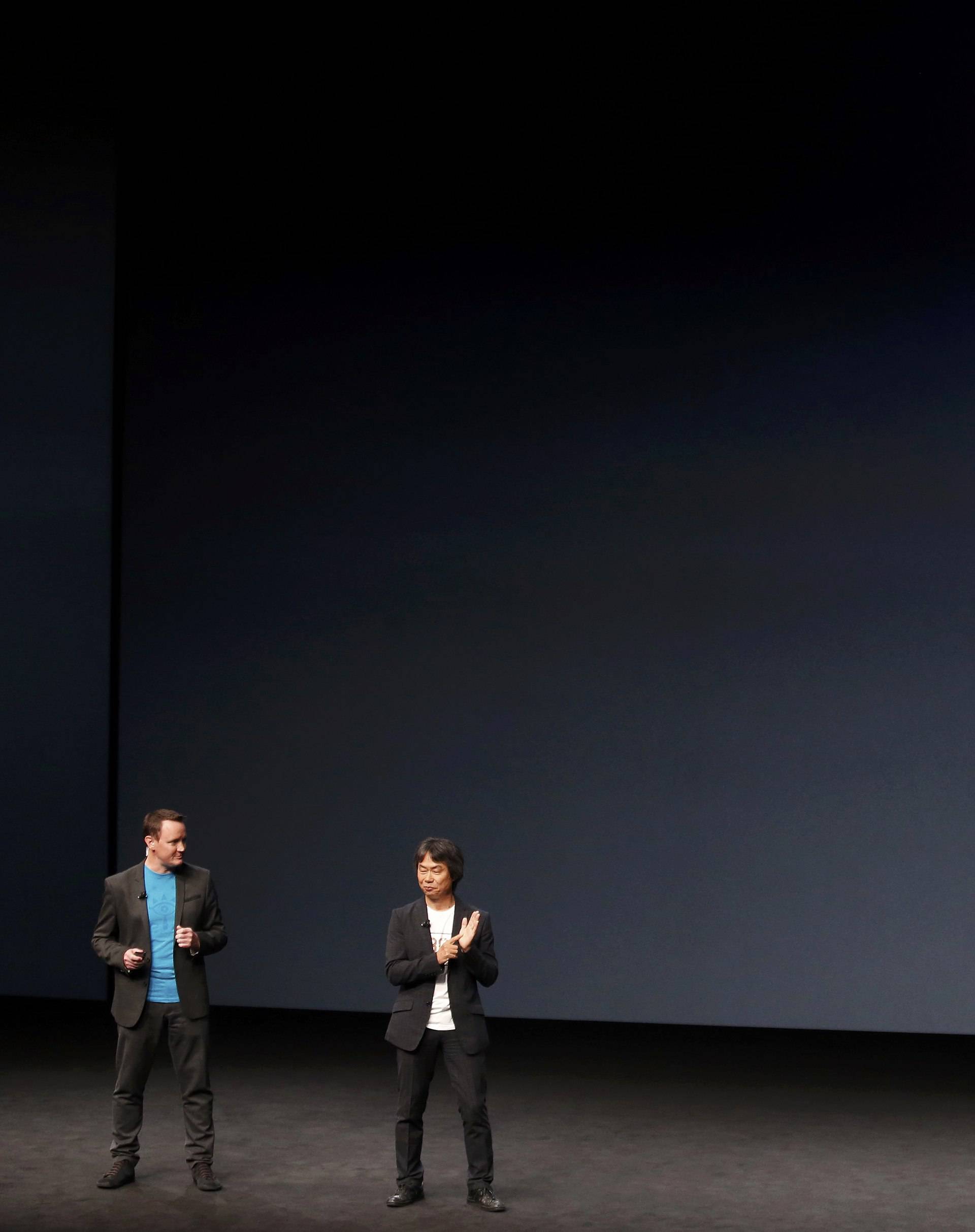 Shigeru Miyamoto announces a Mario Bros game for the iPhone during an Apple media event in San Francisco