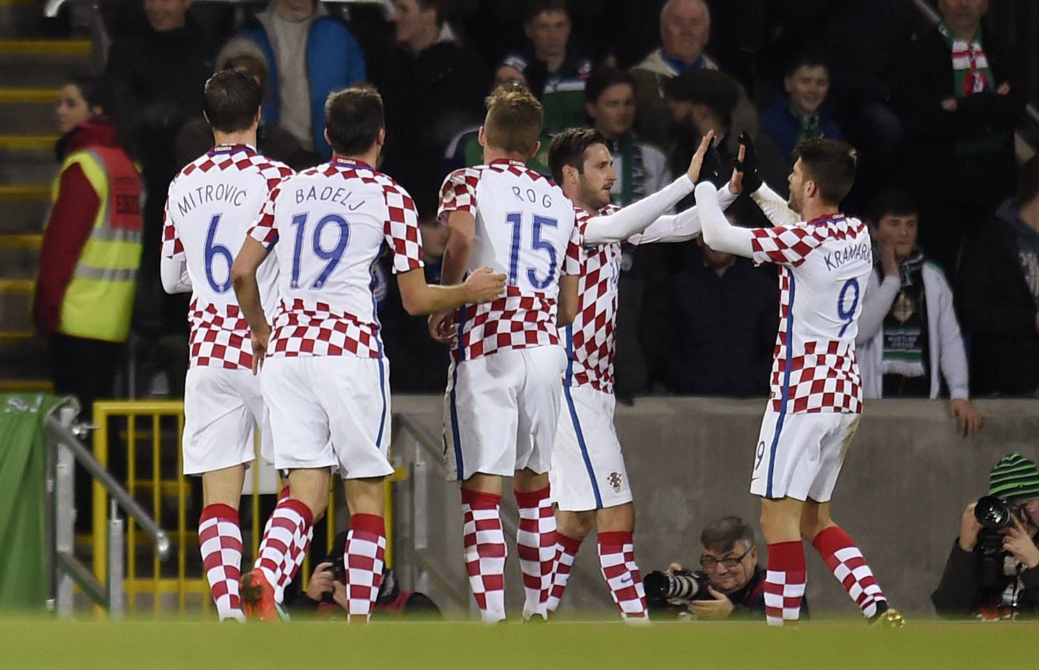 Croatia's Duje Cop celebrates scoring their second goal with Andrej Kramaric and teammates