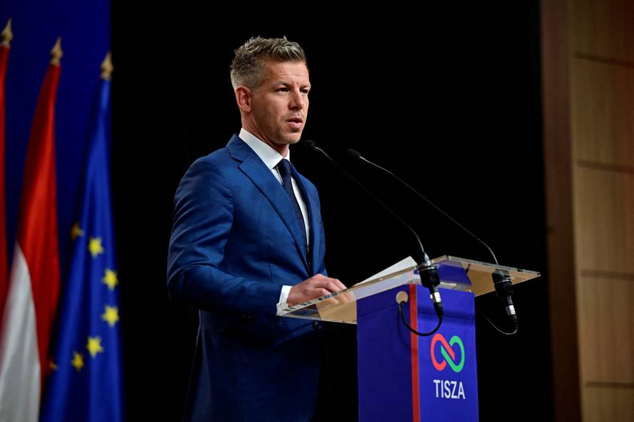 Peter Magyar holds a press conference a day after the parliamentary election in Budapest