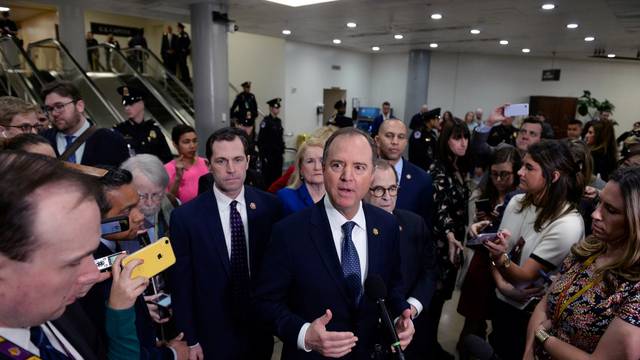 House Managers Rep. Adam Schiff (D-CA) speaks next to Rep. Jerry Nadler (D-NY) during a news conference near the Senate Subway to discuss the Senate impeachment trial of President Trump in Washington