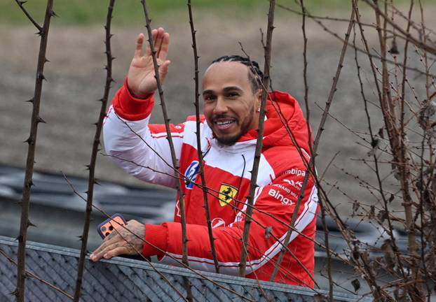 Ferrari's Lewis Hamilton and Ferrari's Charles Leclerc drive Ferrari's new Formula 1 car the SF-26 during testing
