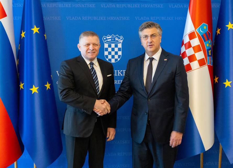 Croatian Prime Minister Andrej Plenkovic welcomes Slovakia's Prime Minister Robert Fico in Zagreb