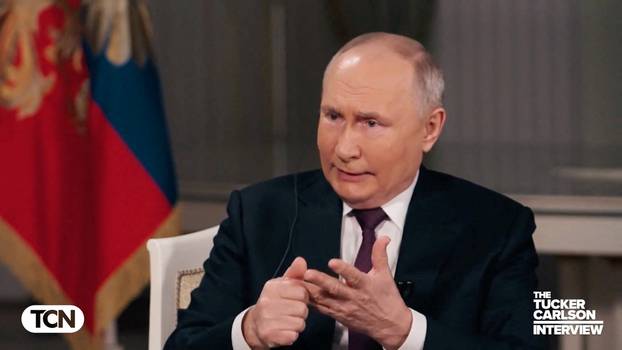 Russian President Vladimir Putin speaks during an interview with U.S. television host Tucker Carlson, in Moscow