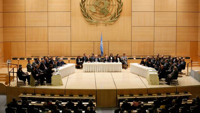 UN Special Envoy for Syria Staffan de Mistura addresses the Syrian invitees in the presence of members of the UN Security Council and the International Syria Support Group in Geneva