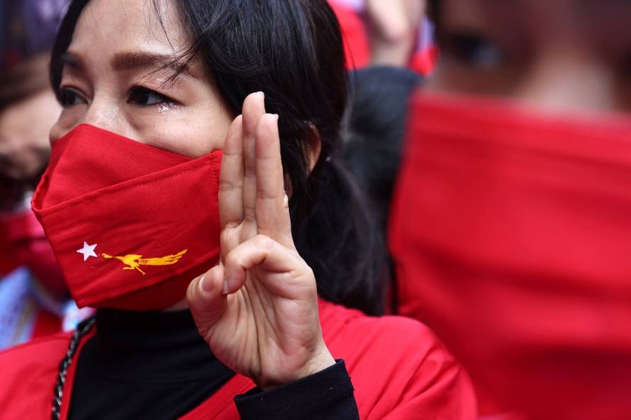Members of the Burmese community in Taipei protest against the Myanmar military coup in Little Burma, home to many of Taiwan's Burmese immigrants, in Taipei