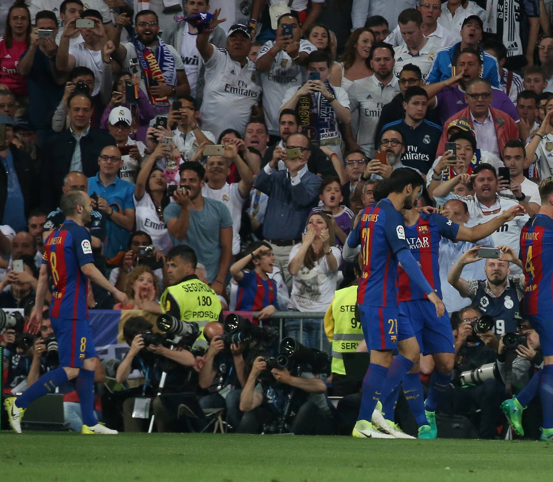 Barcelona's Ivan Rakitic celebrates scoring their second goal with team mates