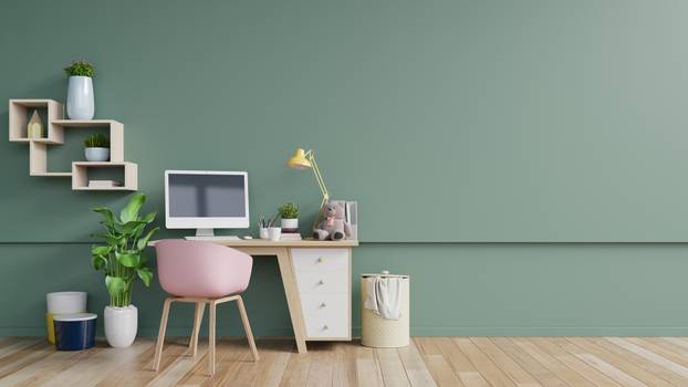 Office room with a pastel background.
