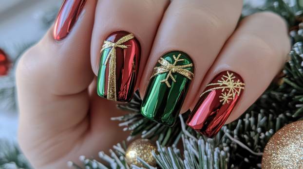 Christmas-themed nails with metallic green and red polish, decorated with gold ribbon designs and snowflake accents, shown with holiday decorations