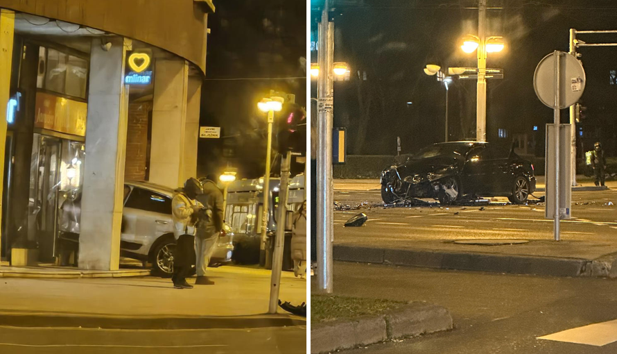 VIDEO Kaos u Zagrebu: Sudarili se na raskrižju, Porsche odletio u izlog restorana i razbio staklo