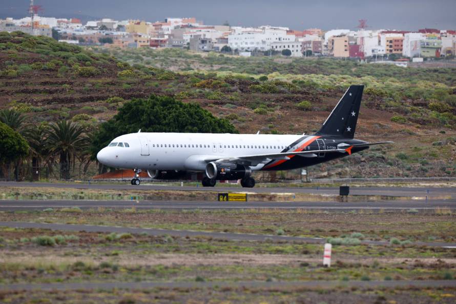 A French plane carrying passengers of cruise ship MV Hondius, which was affected by a hantavirus outbreak, takes off from Tenerife Sud airport