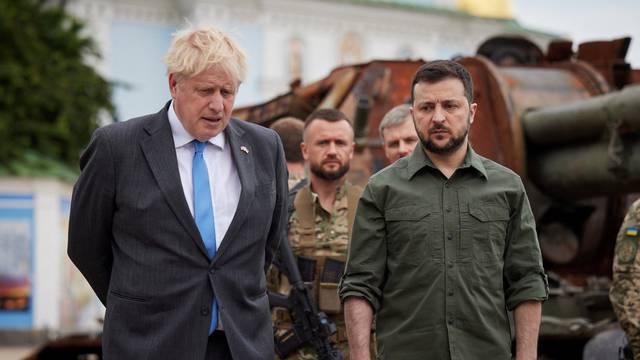 British PM Johnson and Ukraine's President Zelenskiy visit an exhibition of destroyed Russian military vehicles and weaponry in Kyiv