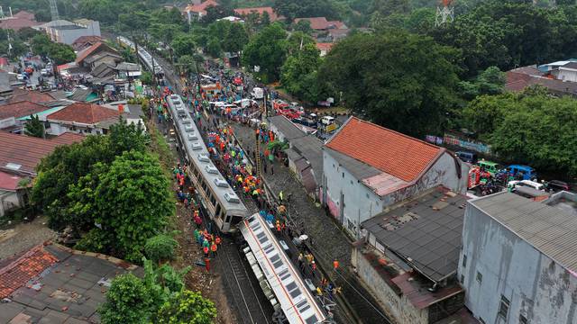 An aerial picture of a derailed commuter train in Bogor, West Java province