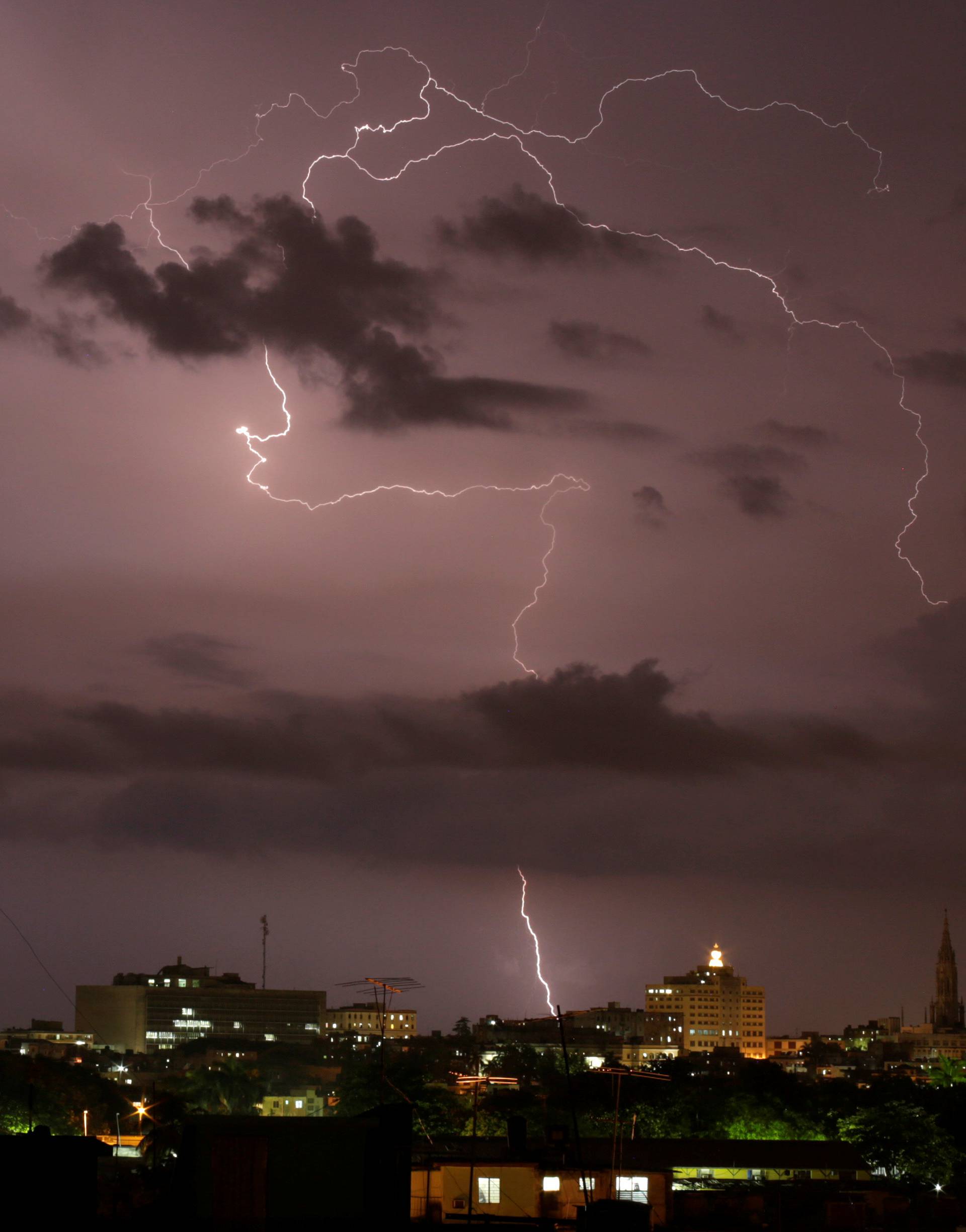 Lightning flashes during a thunderstorm over Havana, Cuba