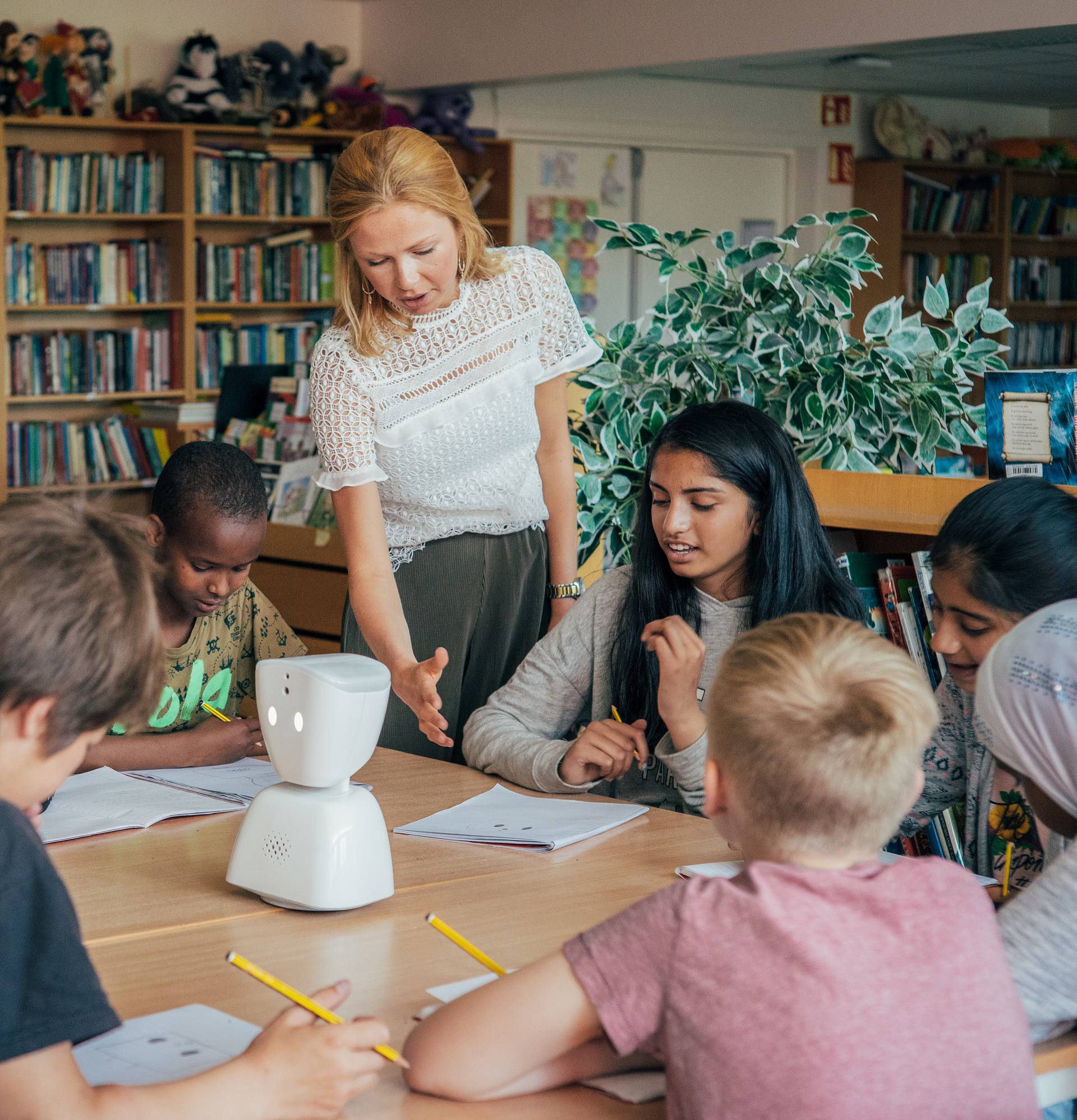 No Isolationâs AV1 robot in a classroom in Norway. It helps children with long term illnesses keep up with their schoolwork remotely. Credit: No Isolation