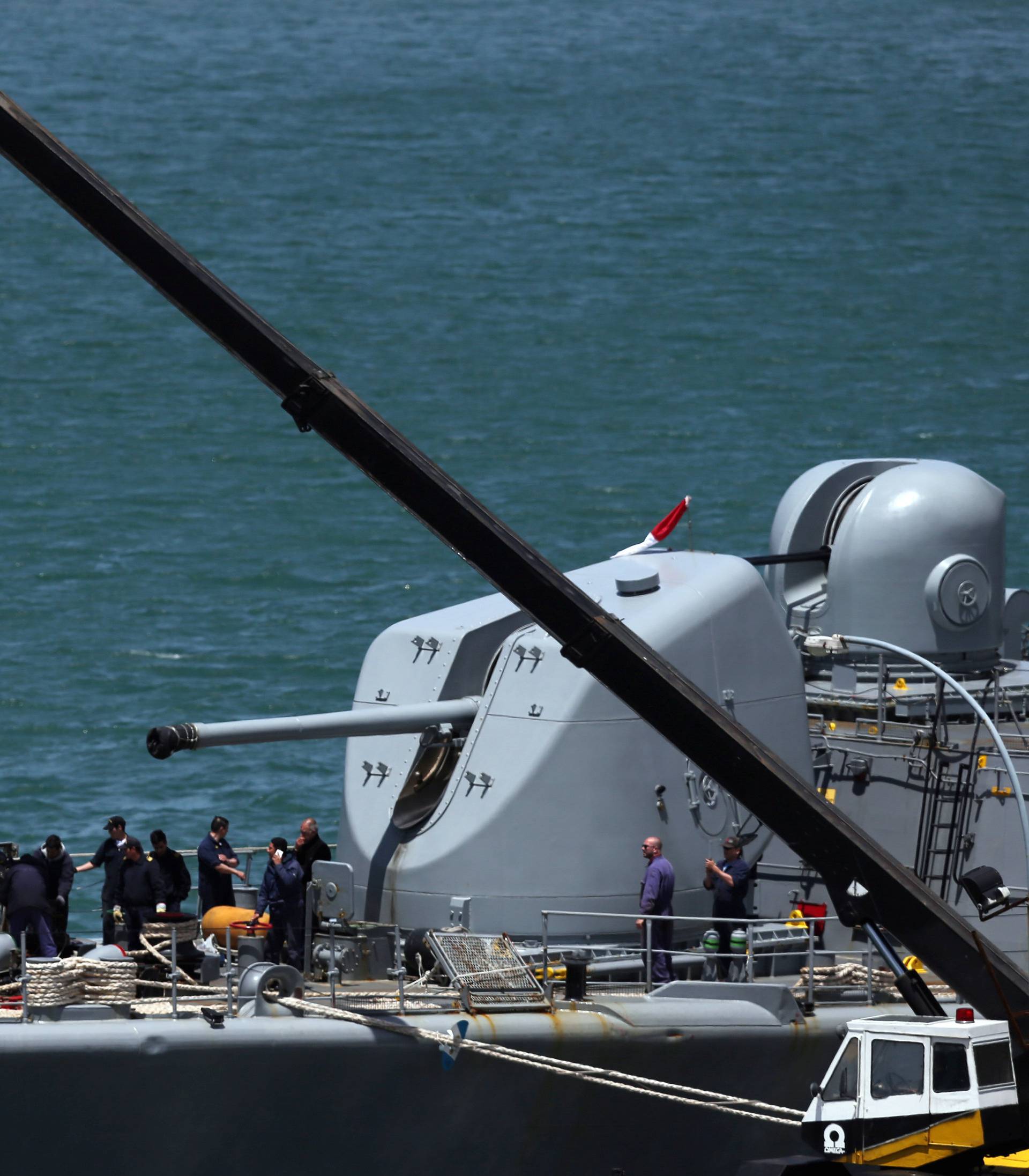 Navy crew work aboard the ARA Sarandi destroyer before leaving to take part in the search for the ARA San Juan submarine missing at sea at the Argentine Naval Base in Mar del Plata