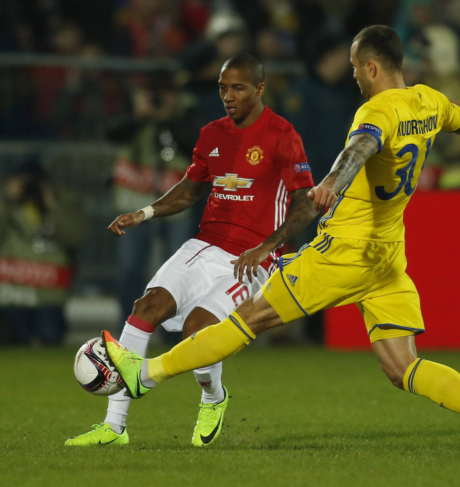 Manchester United's Ashley Young in action with FC Rostov's Fyodor Kudryashov