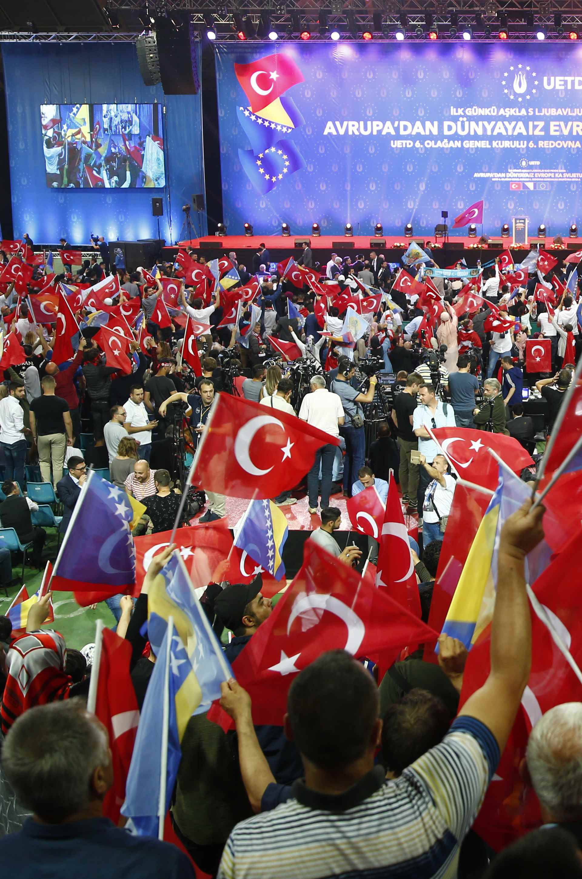 Supporters of Turkish President Erdogan attend a pre-election rally in Sarajevo