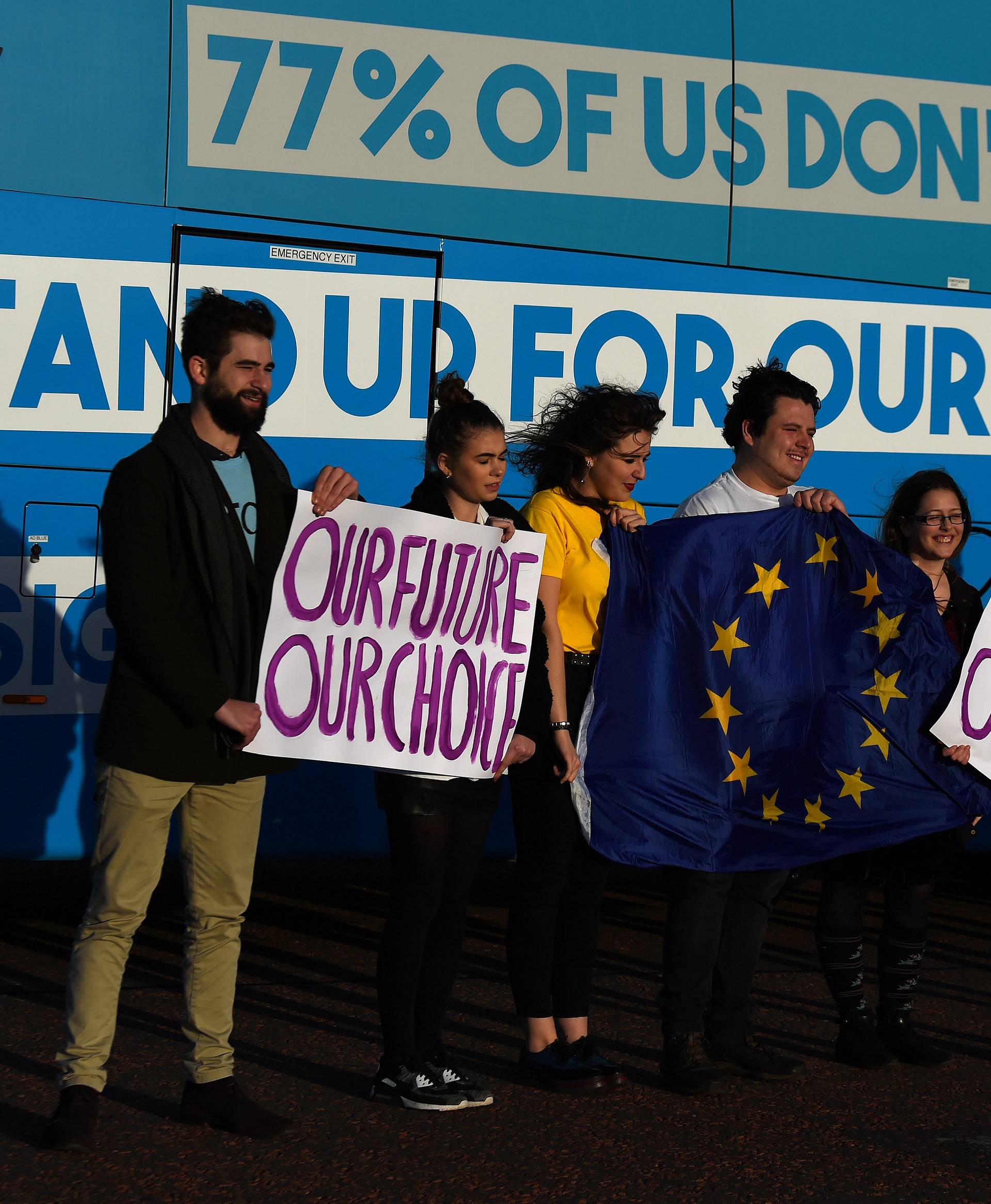 Students from anti-Brexit protest group 'Our Future Our Choice' demonstrate outside Stormont parliament building in Belfast