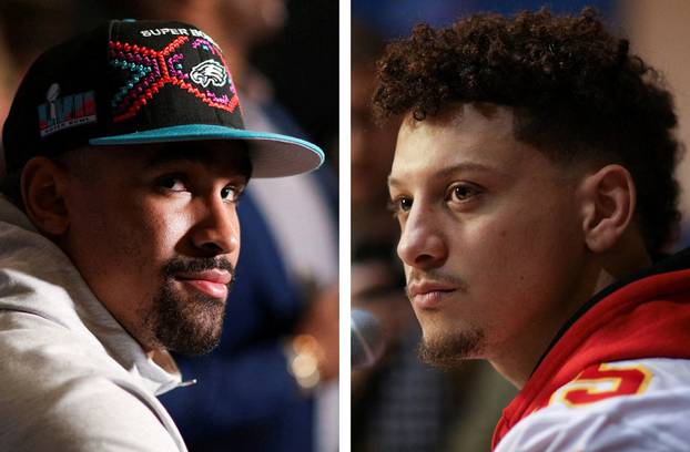 A combination photograph of Philadelphia Eagles quarterback Jalen Hurts and Kansas City Chiefs quarterback Patrick Mahomes