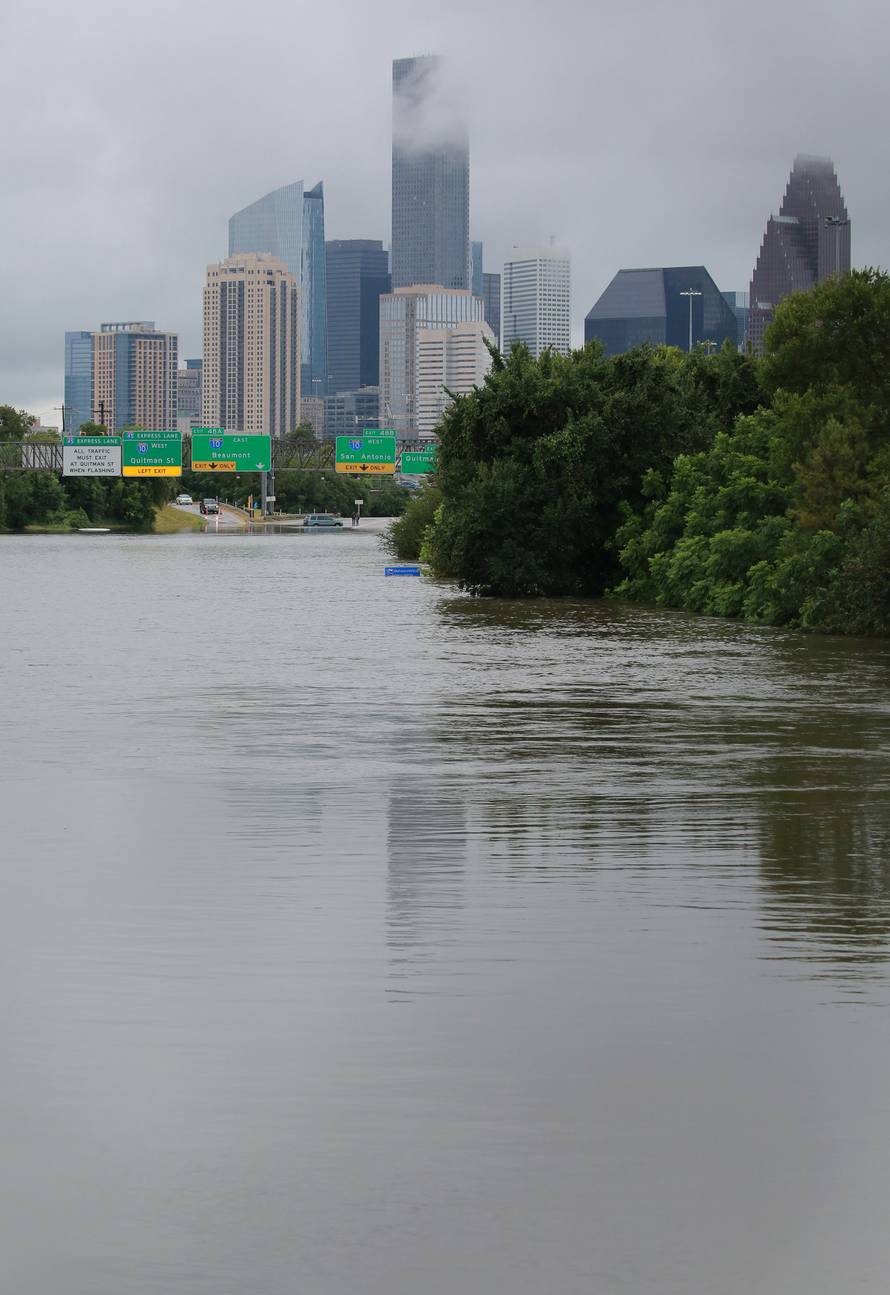 Submerged freeways from the effects of Hurricane Harvey are seen during widespread flooding in Houston